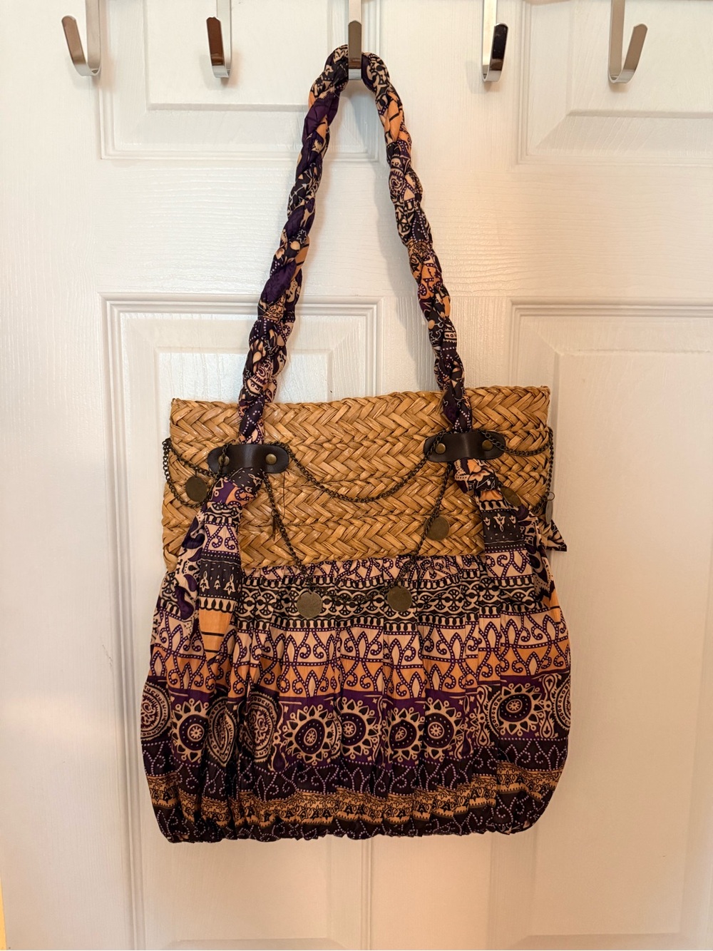 Boho Woven Straw Tote with Purple Patterned Fabric